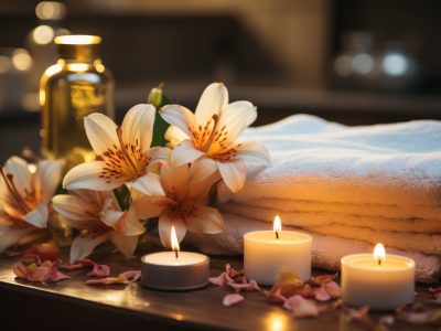 Spa setting with a lit candle, fluffy towels, and fragrant flowers promotes relaxation